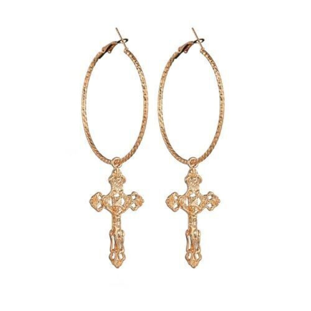 6385 Vintage Gothic Cross Dangle Hoop Earrings - Cross with Hoop Charm